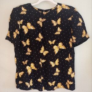 Vintage Norton McNaughton 80s Silky Butterfly Polka Dot Print Flowy Y2K Top